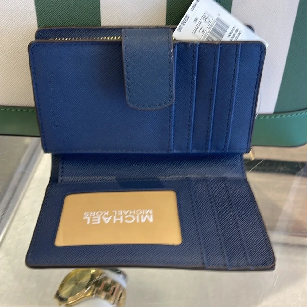 MICHAEL KORS Medium Jet Set Travel Crossgrain Leather Bifold Zip Wallet Navy NWT